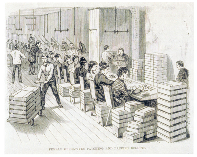 1877- Female Operatives Patching and Packing Bullets