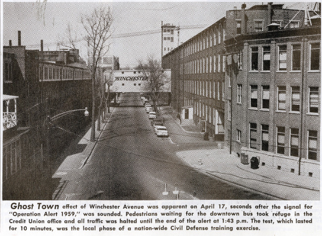 Photo of Winchester Ave, on April 17, 1959, following a civil defense drill (“Ghost Town”)