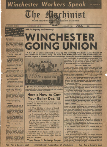 Article: The Machinist, December 1955 (Headline: Winchester Going Union)