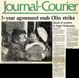 Newspaper: Journal-Courier January 21, 1980 (headline: 3-year agreement ends Olin strike)