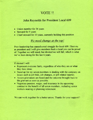 Vote!!! John Reynolds for President Local 609